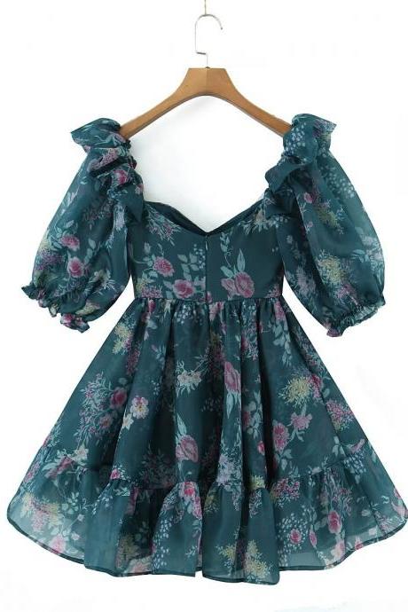 Autumn women's new double-layer printed puffy dress