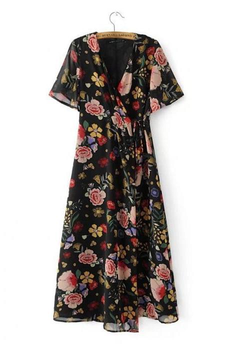 Spring And Summer Women&amp;#039;s Wholesale Water Print Cross Short Sleeve Dress