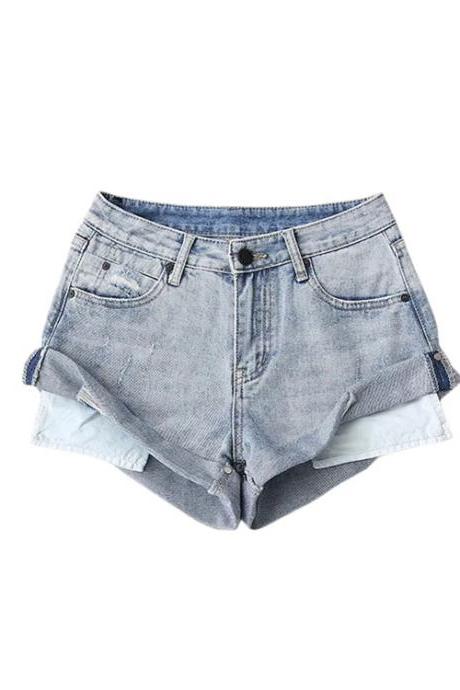 Vintage High-waisted Slim Washed-in Ultra-short A-line Denim Shorts Women's Fashion Ins Personalized Flanged Wide Leg Pants