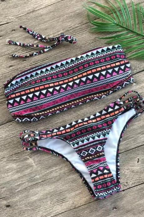 Geometric Print Bra Hanging Neck Women's Split Bikini