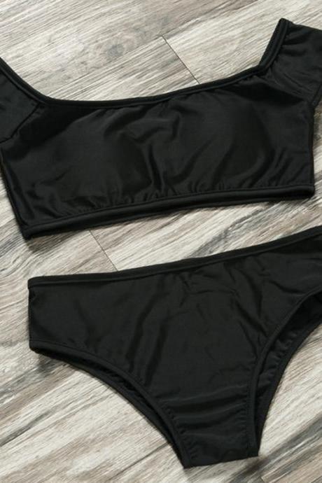 Beach Black Sexy Off Shoulder Solid Color Swimwear Occidental Sexy Bikini
