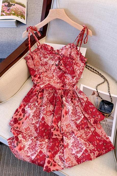 Vintage Red Fragmented Flower Suspended Dress Women's Double Bottom Dress Summer