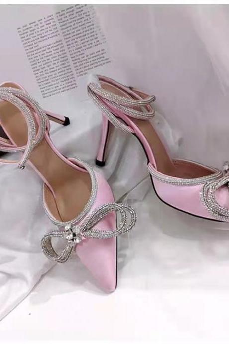 Summer New Street Shoot Transparent Bow Knot Rhinestone Slim Heel Pointed Toe Wrapped Strap Sandals