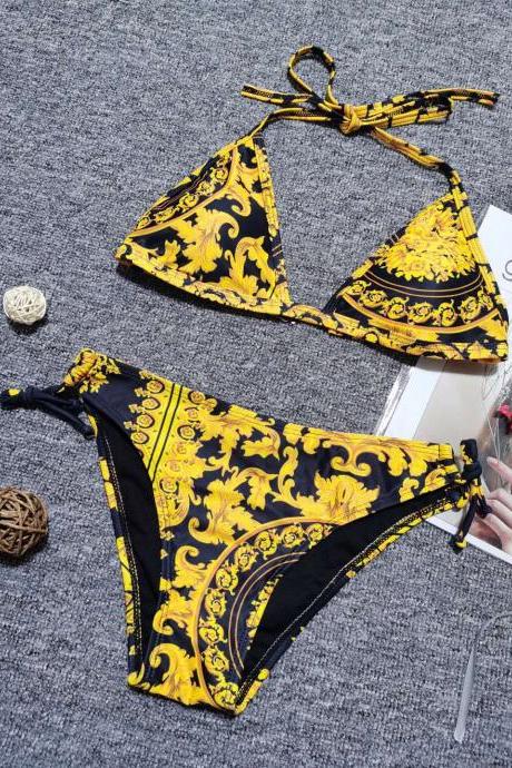 Vintage Printed Bikini Split Swimsuit Lace Up