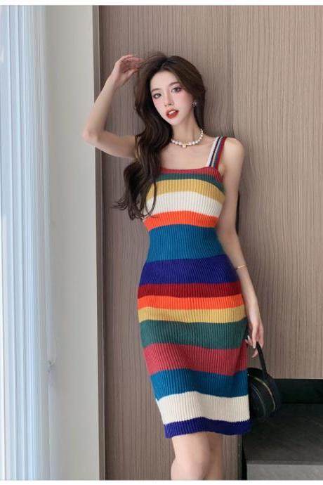 Colorful Stripe Knitted Suspended Dress Women's Summer Slim Fit Sexy Dress