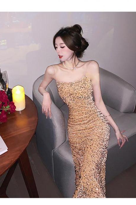 Sparkling Velvet Sequins Sexy Fashion V-Neck Evening Dress Strap Dress Long Fishtail Dress