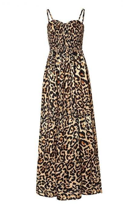 Long Dress Leopard Print Mid Waist Strap Summer Strap Dress Brown Sexy Leopard Print Dress