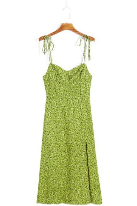 Shoulder Lace Up Slim Slim Strap Avocado Green Split Flower Split Dress
