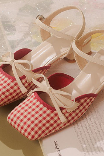 Vintage Red And White Plaid Bow Tie Square Head Back Hollow Thick Heel Medium Heel Mary Jane Single Shoe