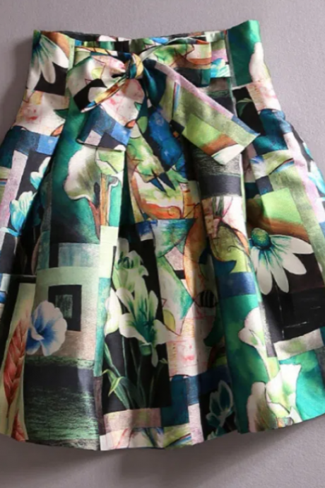 Women&amp;#039;s Fashion Green Print High Waist Slim Large Retro A-line Skirt Short Skirt