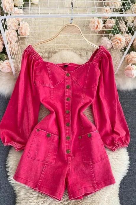 Fashionable Outfit With White Rose Red Jumpsuit Autumn Vintage Single Breasted Slim Fitting Short Denim Pants