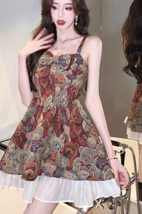 Cute Little Bear Printed Strap Dress Women&amp;#039;s Summer Slim Double Layer A-line Cake Dress