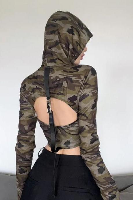 Camouflage Hollowed Out Backpack Buckle Hooded T-shirt For Women&amp;#039;s Short Color Contrast Slim Fit And Spicy Girl Top