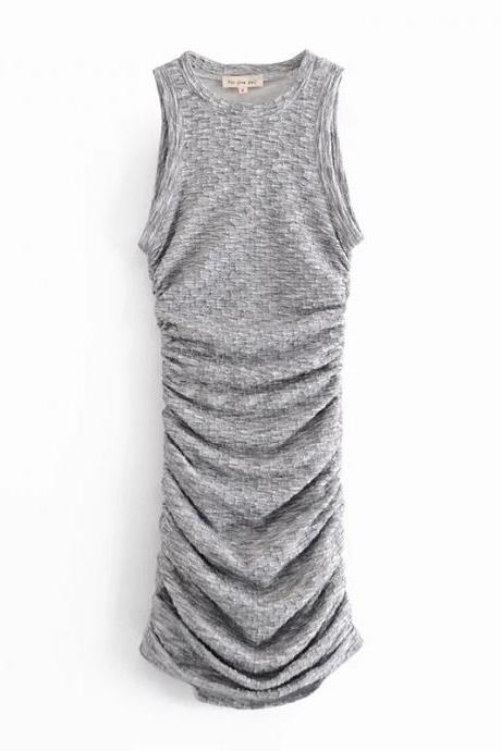 Round Neck Sleeveless Buttocks Wrapped Dress For Women&amp;#039;s Summer Elastic Tight Pleated Vest Skirt Short Skirt