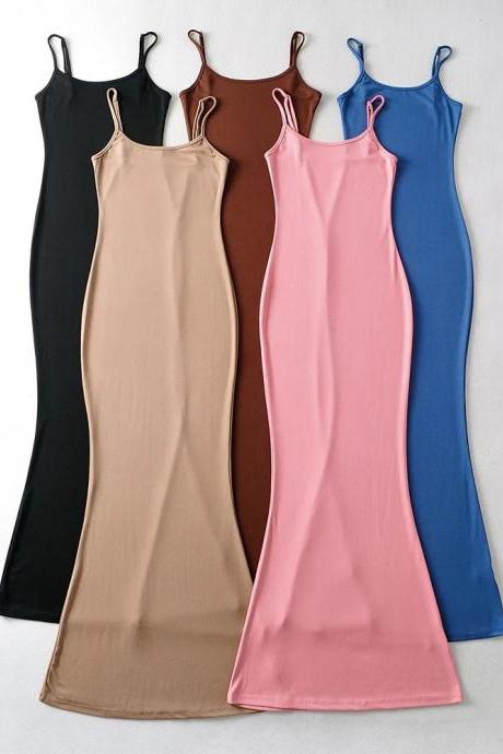 Sexy Fishtail Long Skirt Elastic Tight Slim Off Line Neck Pullover Strap Dress