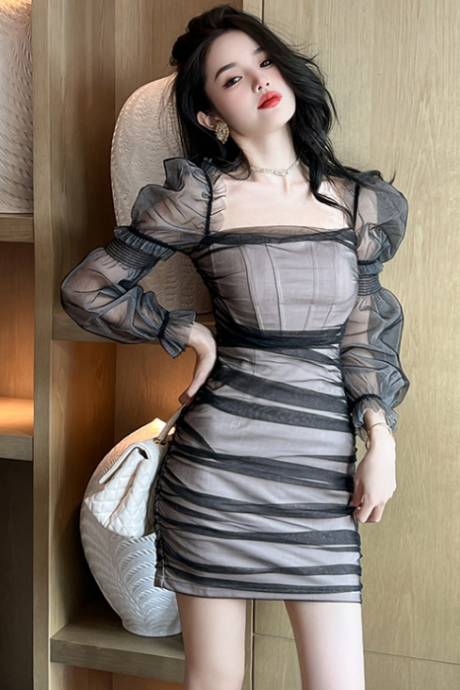 Bubble sleeved mesh pleated belly covering slim fitting square neck dress