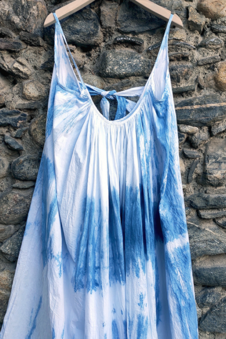 Homemade Tie Dye Blue Dye Lace Bowknot Art Sling Dress Retro Loose Large Hem