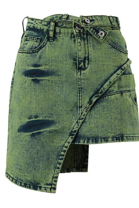 Denim skirt Asymmetric short skirt Women's retro washed green denim mini short skirt