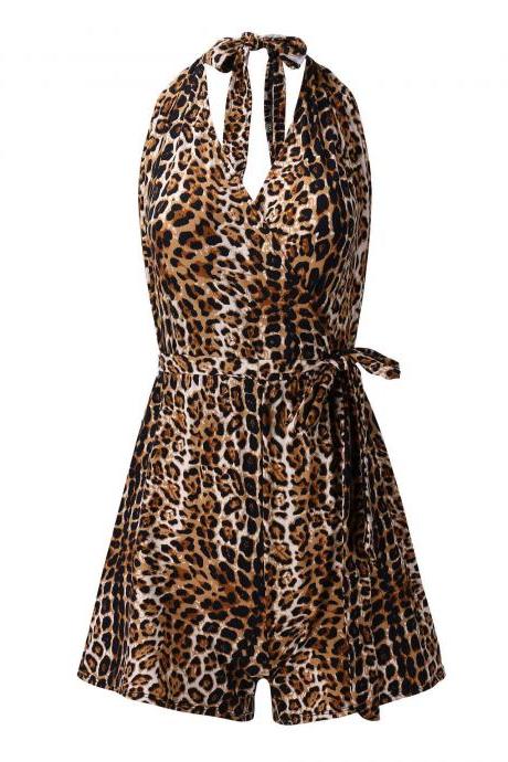 Leopard Print V-neck Sexy Sleeveless Leaky Back Jumpsuit For Women