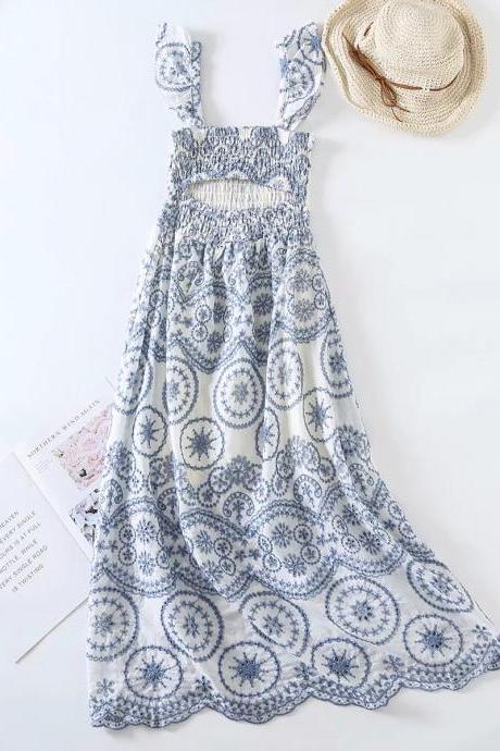 EMBROIDERY CUT-OUT DRESS RUFFLE SLEEVES OPEN Back Elastic Waist Large Swing Skirt