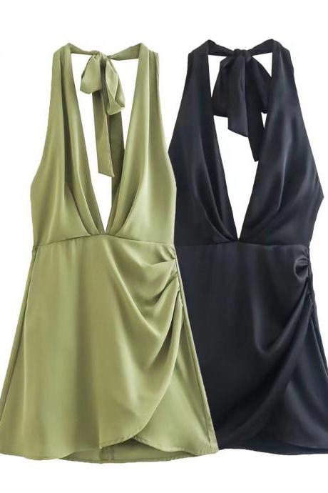Hanging neck V-neck solid color versatile waistband open back dress short skirt