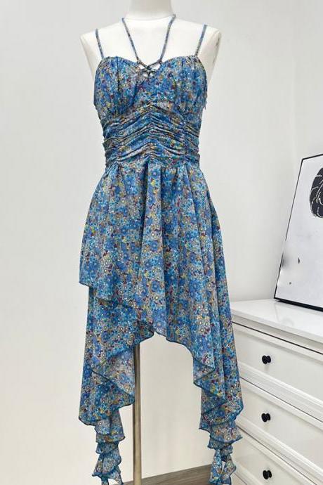 Wrinkled Slim Dress Women's Vintage Fragmented Flower Strap Dress