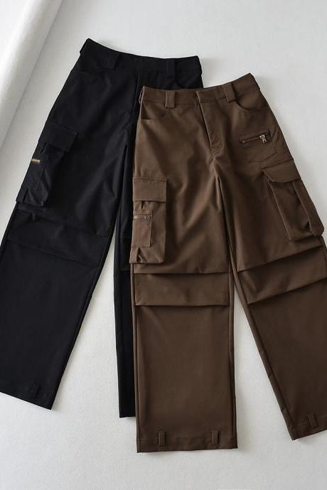 Design sense multi pocket cargo pants for female autumn American Spice Girl loose high waist thin wide leg mop pants