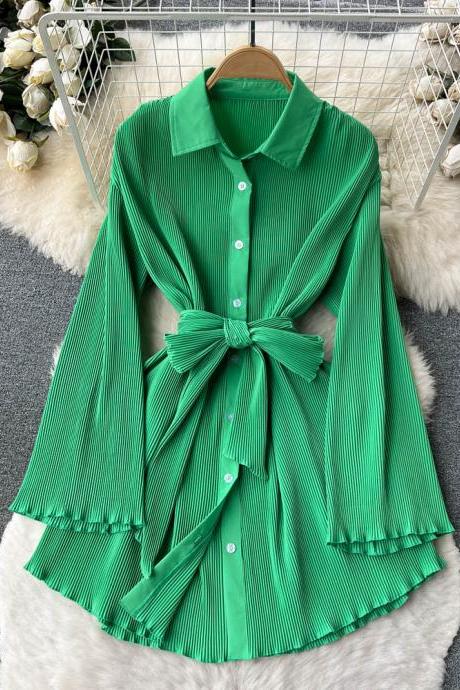 Mid Length Lapel Flared Sleeves With Waistband For A Slim Ruffled Shirt Dress
