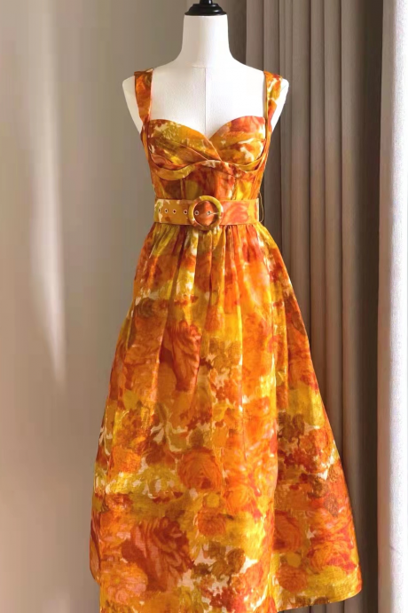 Summer new tangerine suspender sleeveless bra print double shoulder poncho dress dress