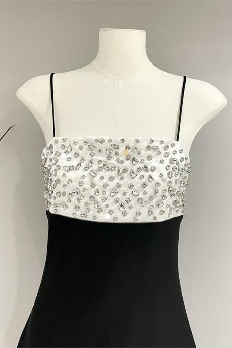 Summer Strap Bra Sleeveless High Waist Heavy Duty Nail Diamond Black And White Contrast A-line Dress