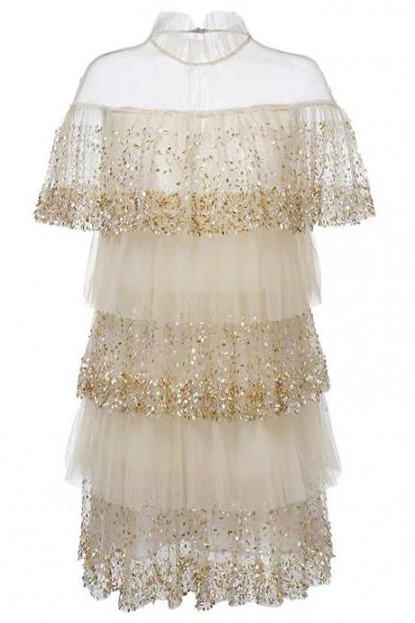 Layered Mesh Mist Yarn Layered Sweet Age Reducing Dress Heavy Industry Sequin Splice Cake Skirt