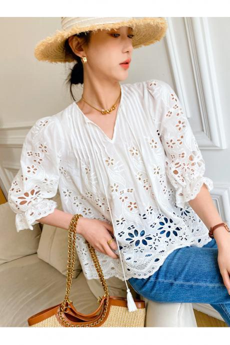 Summer French White Shirt Embroidery Women's Design Feel Holiday Style Women's Blouse