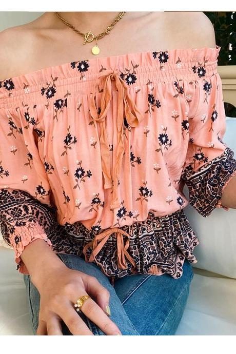 Summer Vacation Style Floral Print Little Top Boho One-shoulder Vacation Women