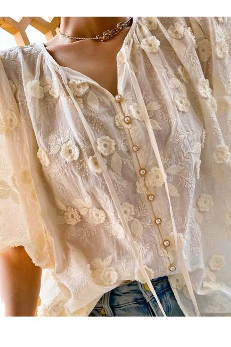 Three-dimensional Embroidery French Blouse Women's Design Feel Holiday Style Blouse Femininity