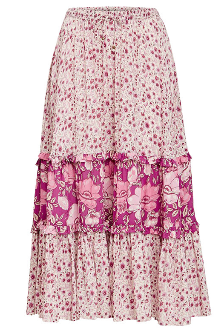 Boho Long Skirt Holiday Beach Dress High Waisted Slimming Mid-length Floral Skirt