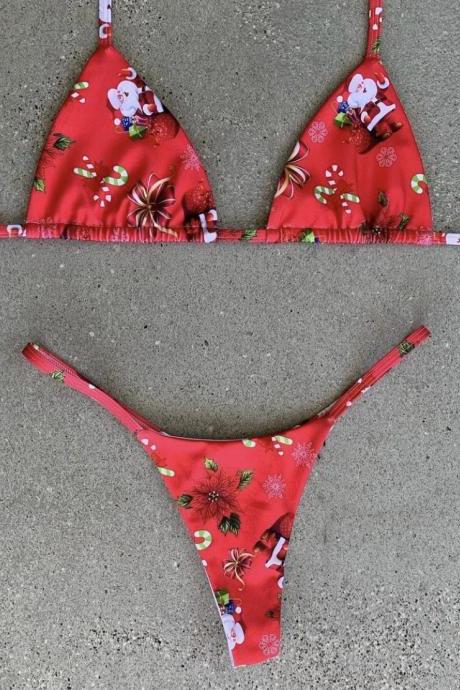 Christmas Print Bikini For Women Tie Pool Swimsuit Two-piece Set