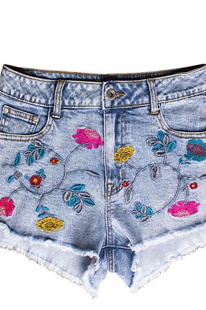 3d Embroidery Three-dimensional Flower Medium High Waist Slim Denim Shorts