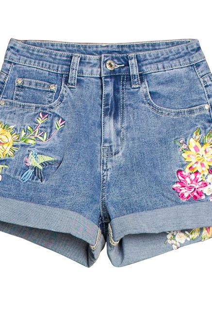 Wide Leg Stretch Shorts Plus Size Women's 3d Heavy Embroidery Floral Denim Shorts Women