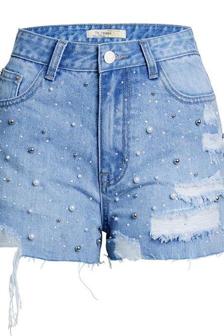 Women's High-waisted Jeans Pearl Studded Female Summer Drill Denim Shorts