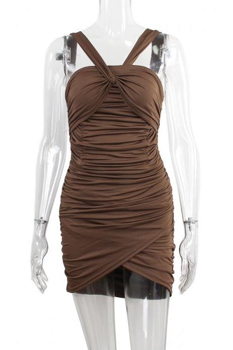 Summer Sexy Cross Twist With Halter Pleated Hip Wrap Dress