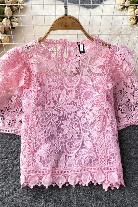 Short-sleeved Round Neck Hollowed Lace Blouse Women Retro Quality Sweet Lotus Lace Hook Flower Hollowed Loose Blouse