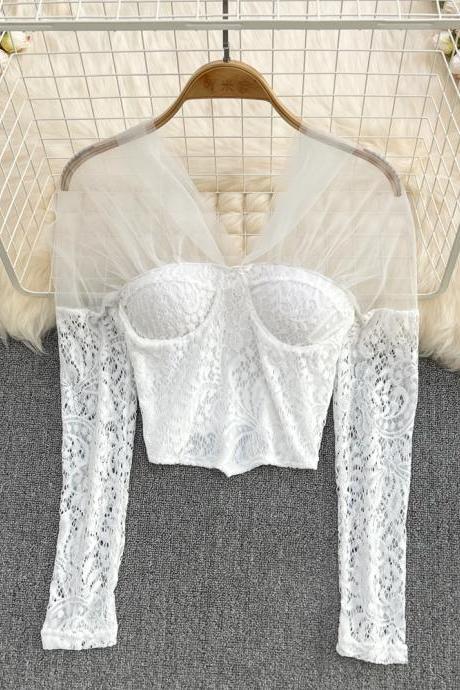 Mesh Splicing Top Pure Desire For Sexy One-shoulder Slim Slim V-neck Temperament Short Lace Shirt
