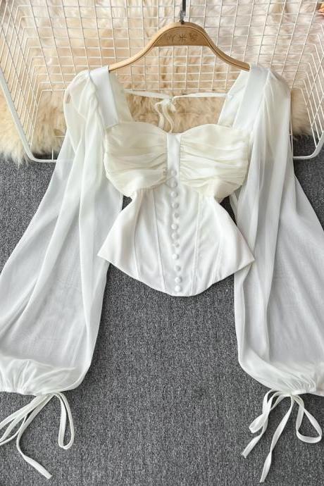 Romantic Ivory Bow-tie Crop Top With Billowy Sheer Sleeves