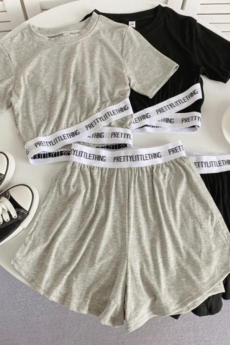 Casual All-in-one Wide Leg Short Skirt + Letter Print Irregular Short T-shirt Top Two-piece Set