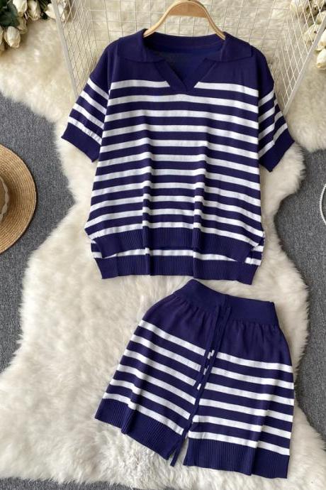 Sports Style Casual Suit Women Loose Summer Polo Collar Short Sleeve Striped Knit Top High Waist Wide Leg Short Pants