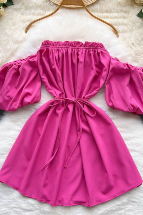 Top Shoulder Short Sleeve Dress Summer Small Lace-up Waist Short A-line Skirt