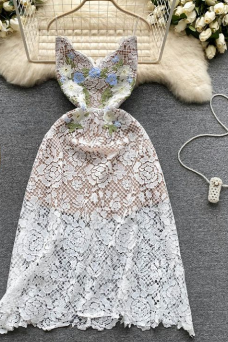 Halter Dress Women&amp;#039;s Summer Lace Hook Floral Embroidery Design Feel Slim-fit Skirt