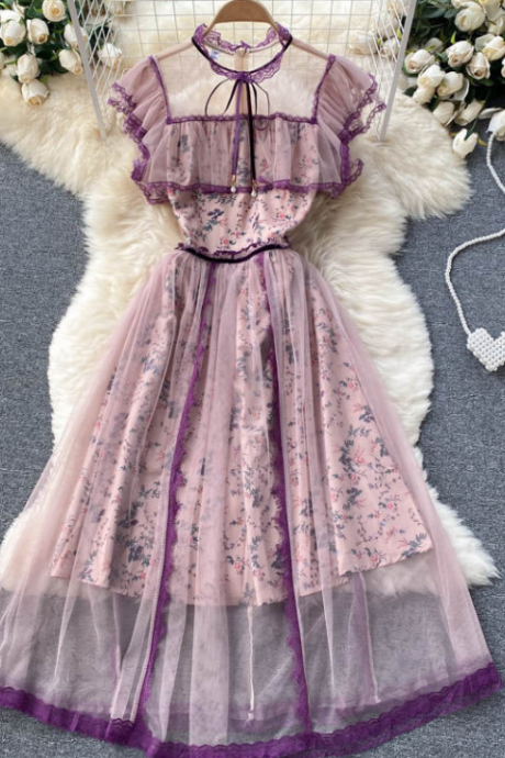 Summer Women's See-through Gauze Mid-length Floral Dress