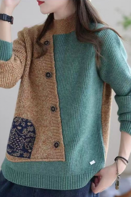 Vintage Sweater Female Autumn Winter Half High Neck Loose Large Size Patchwork Color Round Neck Sleeve Long Sleeve Top Coat