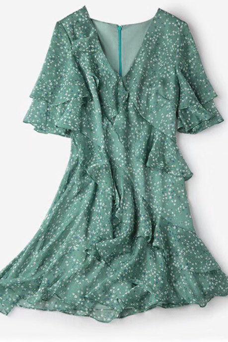 Chiffon Ruffled Trend Print Ruffled Waist V-neck Short-sleeved Dress